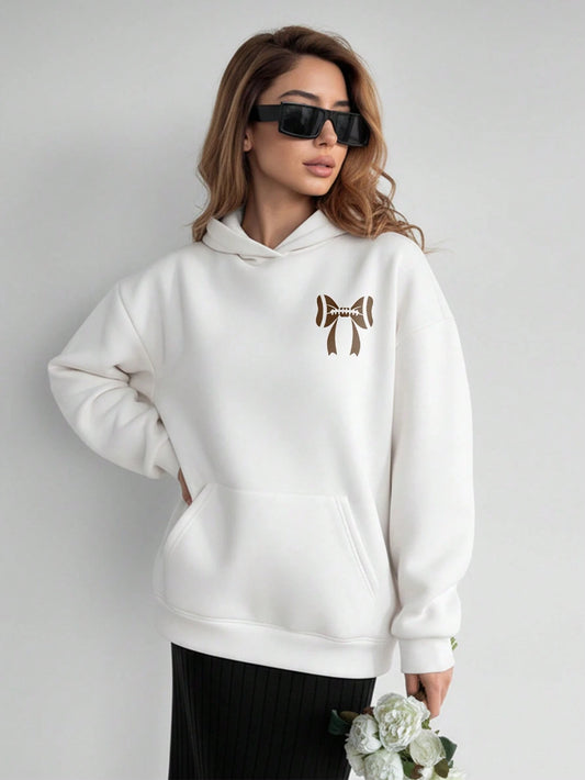 SXV Casual Fashion Sports American Style Loose Slim Women's White Sweatshirt With Hood And Long Sleeves And Bow Pattern On The Chest And Back