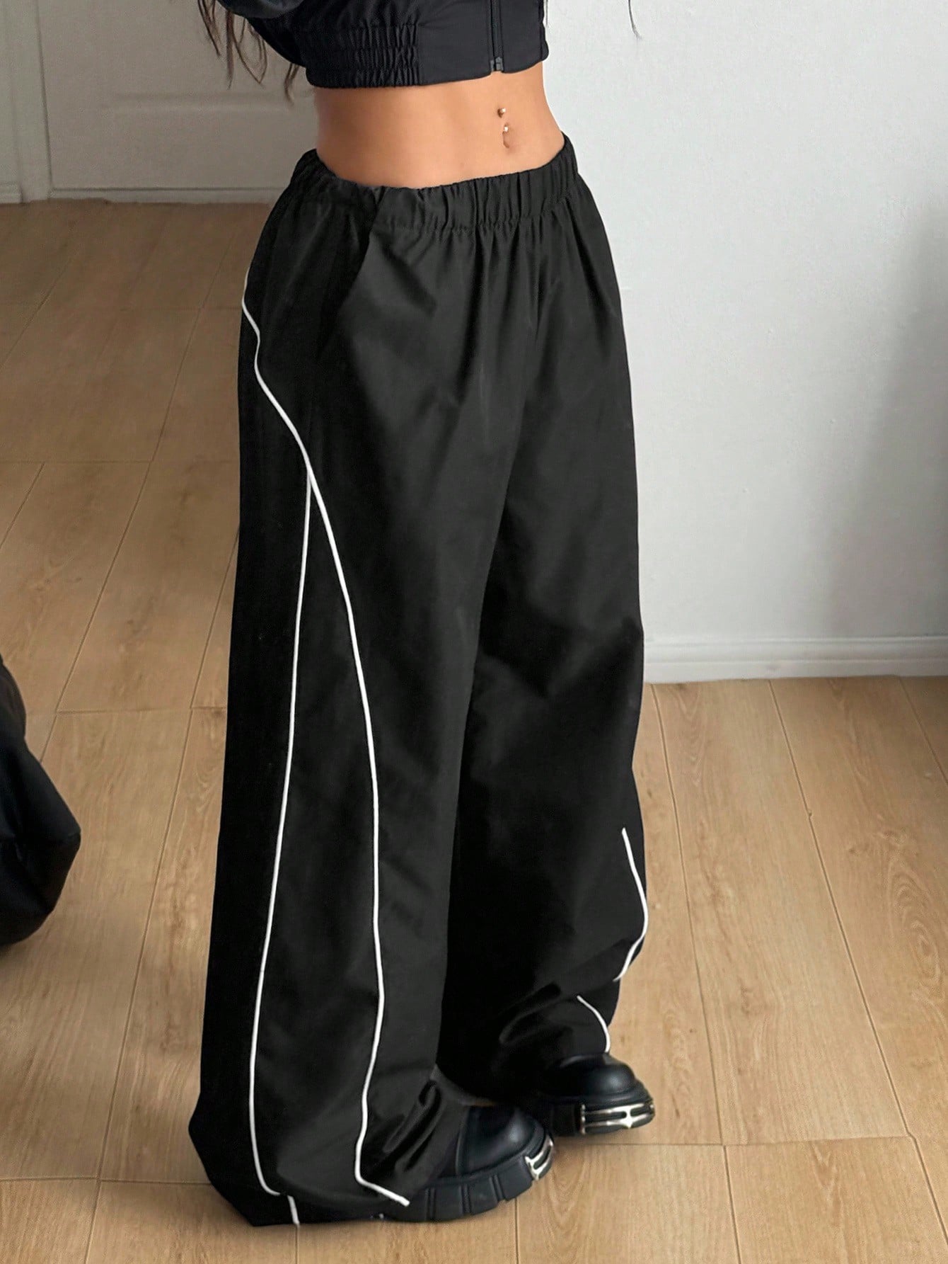 SXV Women's Black Wide Leg Track Pants with White Side Stripe, Elastic Waist, Casual Style