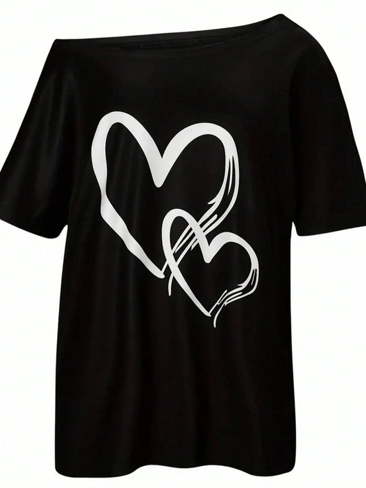 SXV Women's Asymmetrical Neckline Heart Print T-Shirt Graphic