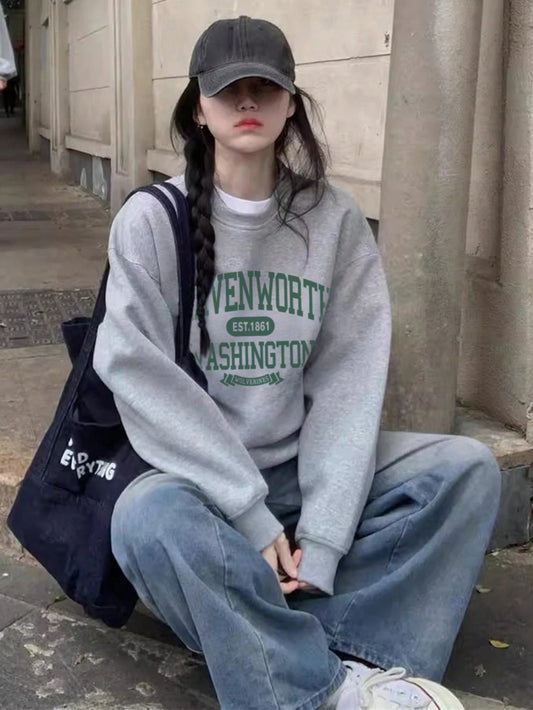 SXV Women Casual Loose Fit English Text Graphic Pullover Sweatshirt