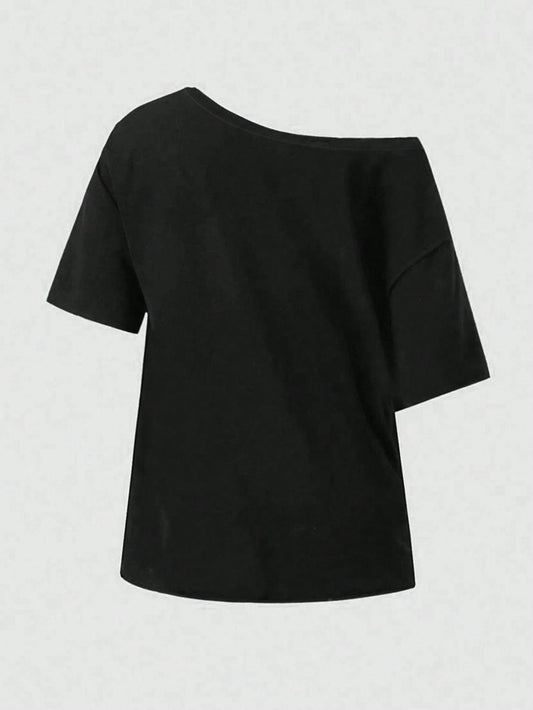 SXV Oversized Pentagram Graphic Print T-Shirt, Women Off Shoulder