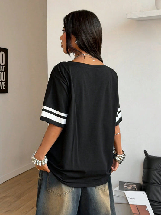 SXV Streetwear Going Out Vintage Sport Casual Game Day Homecoming Off Shoulder Digital Graphic Color-Blocked Black Jersey T-Shirt