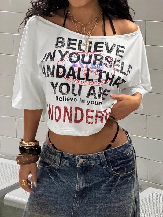 SXV Women's Fashionable Multi-Color Letter Print Oblique Shoulder Short T-Shirt