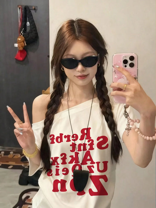 SXV Red Letter Print Asymmetrical Shoulder Short Sleeve T-Shirt For Women