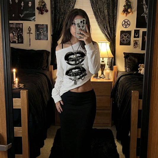 SXV Women's Oversized Asymmetrical Cold Shoulder Long Sleeve T-Shirt, Sexy Lips & Cross Print, Retro Y2K Punk