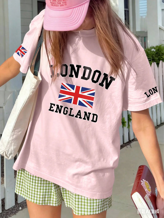 SXV Summer London Letter Print Cheongsam Pattern Round Neck Short Sleeve T-Shirt