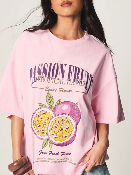 SXV Passion fruit Letter Print Cheongsam Pattern Round Neck Short Sleeve T-Shirt