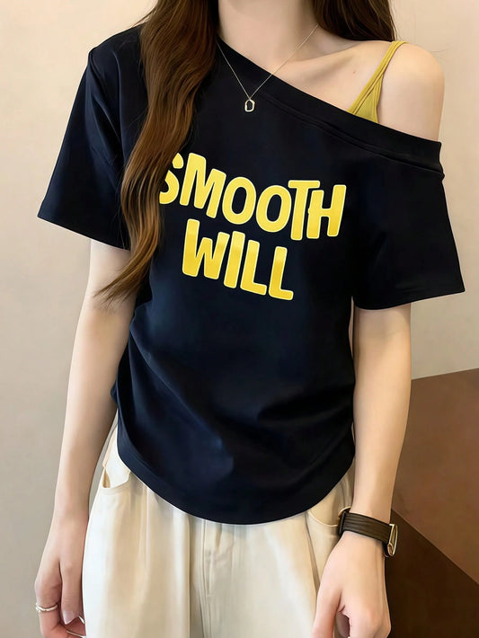 SXV New Navy Blue Asymmetrical Shoulder Printed Short Sleeve T-Shirt For Women
