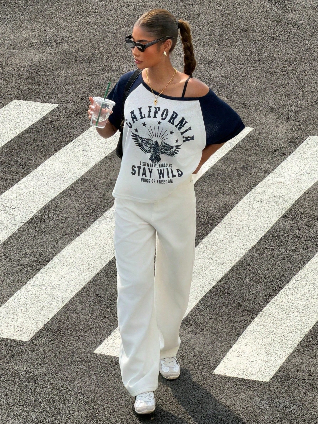 SXV Asymmetric Collar Contrast Color Eagle Letter Print T-Shirt
