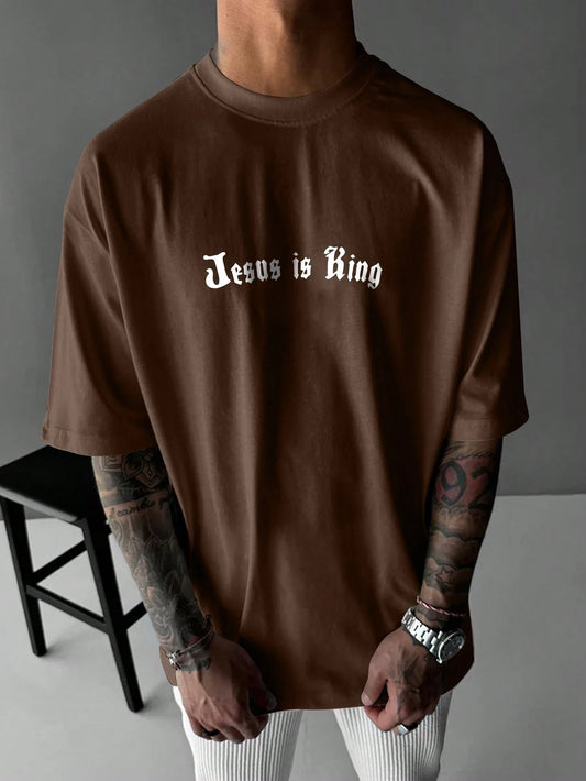 SXV God Is King Letter Print Round Neck Short Sleeve T-Shirt, Coffee Color