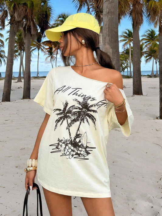 SXV New Coconut Palm Tropical Print Casual Loose One-Shoulder Light Yellow Women's T-Shirt