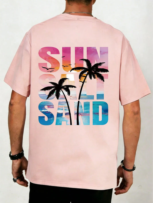 SXV sun salt sand Letter & Palm Tree Print Short Sleeve T-Shirt