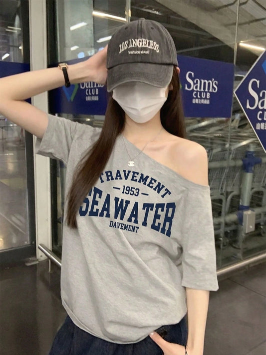 SXV Vintage American Distressed Letter Seawater Print Asymmetric Shoulder T-Shirt