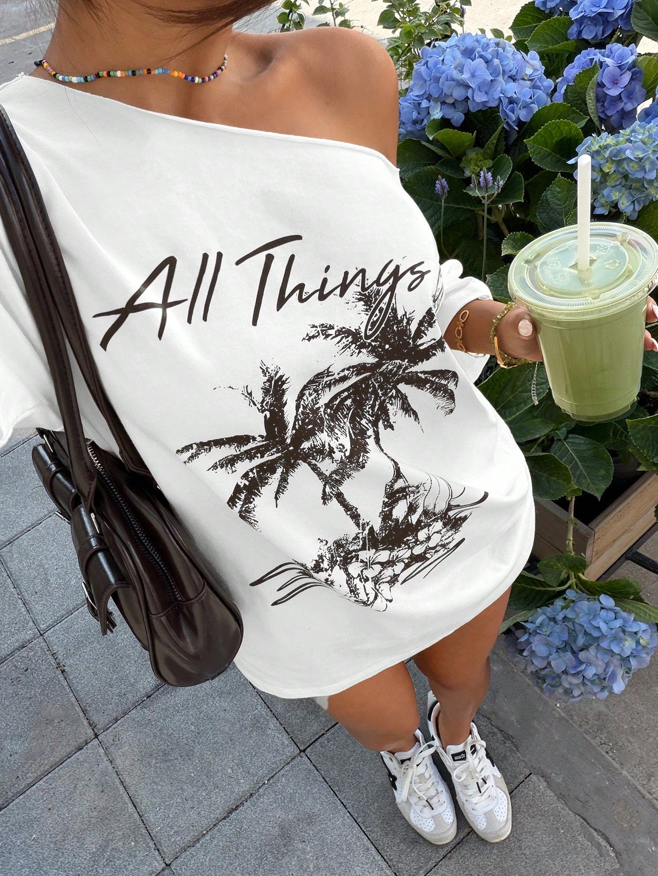 SXV New Tropical Print Casual Loose Fit One Shoulder T-Shirt For Women