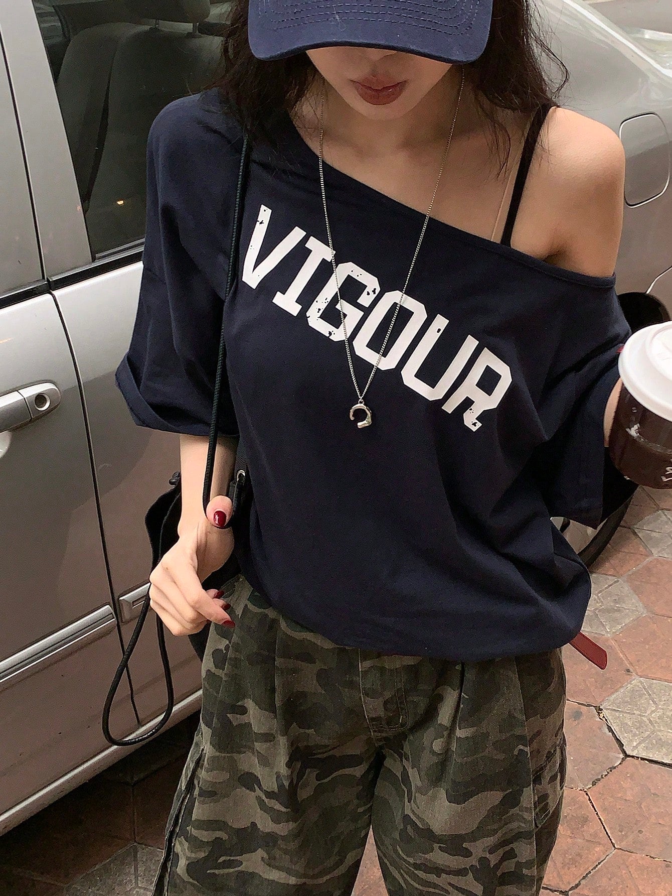 SXV Letter Print Loose Asymmetrical Shoulder Tee