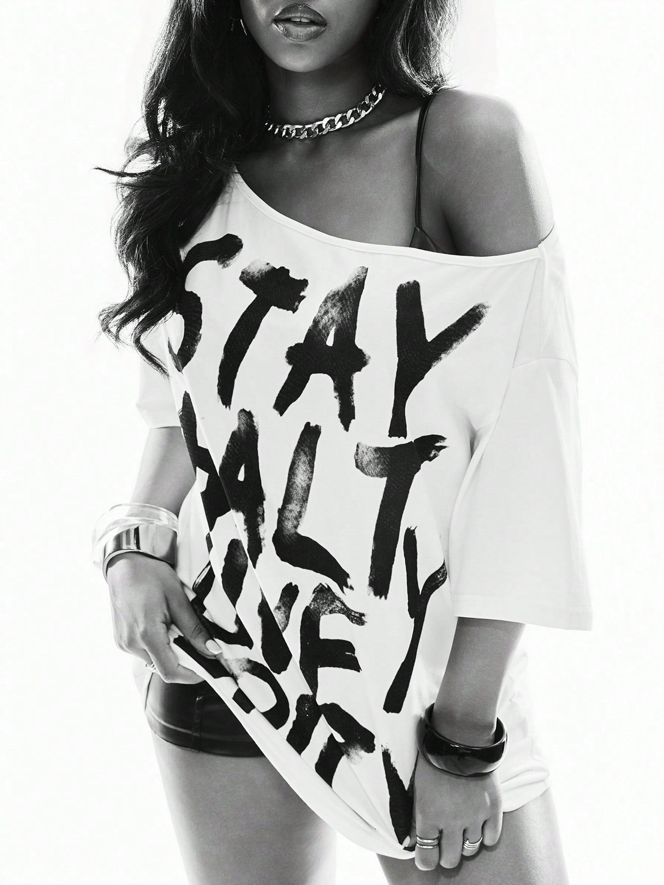 SXV Punk Street Style Hot Girl Splatter Print Design Minimalist Asymmetric Neck Loose T-Shirt