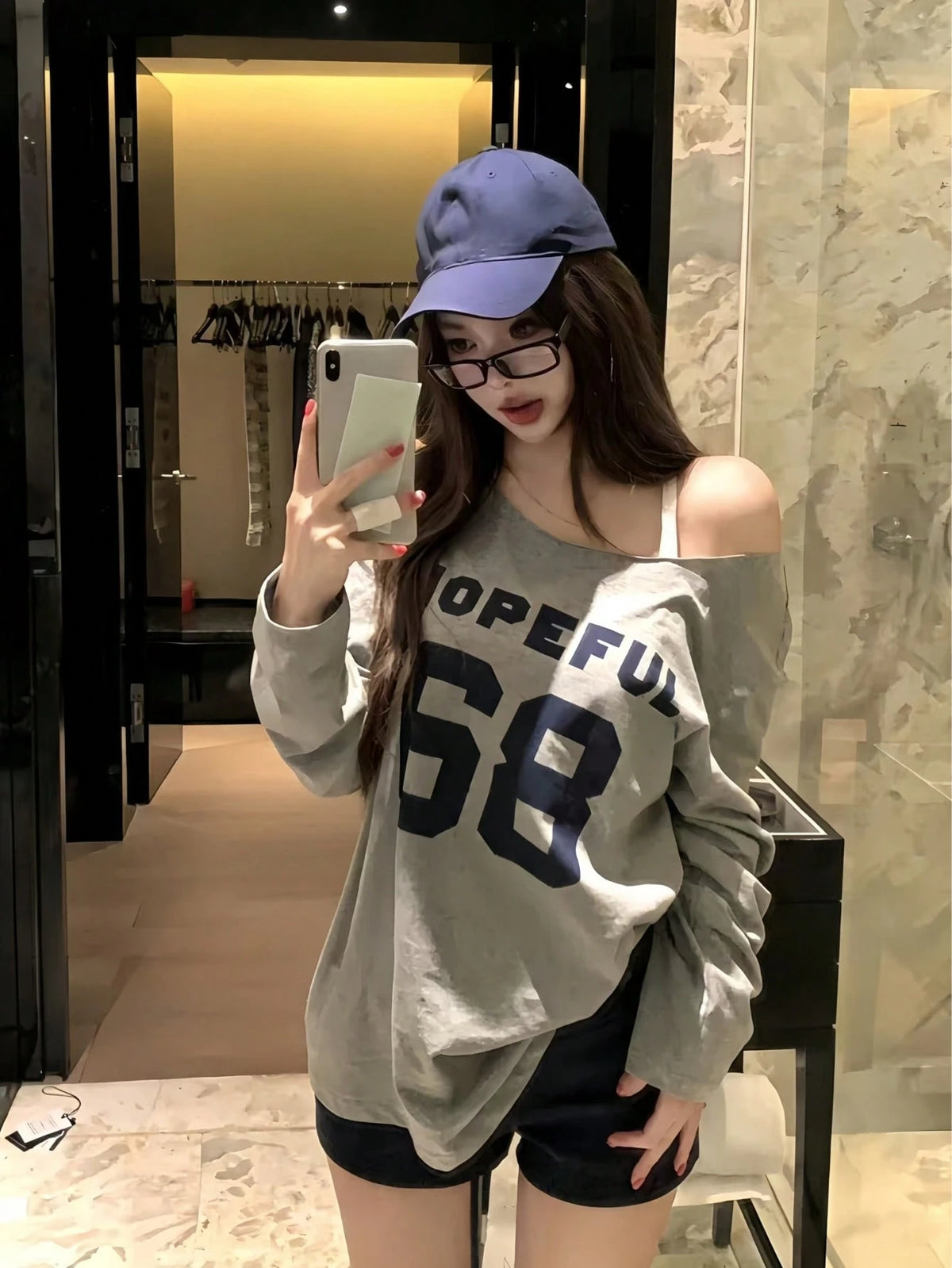 SXV hopeful Y2K Graphics Comfortable Asymmetrical Neck Off The Shoulder Long Sleeve T-Shirt