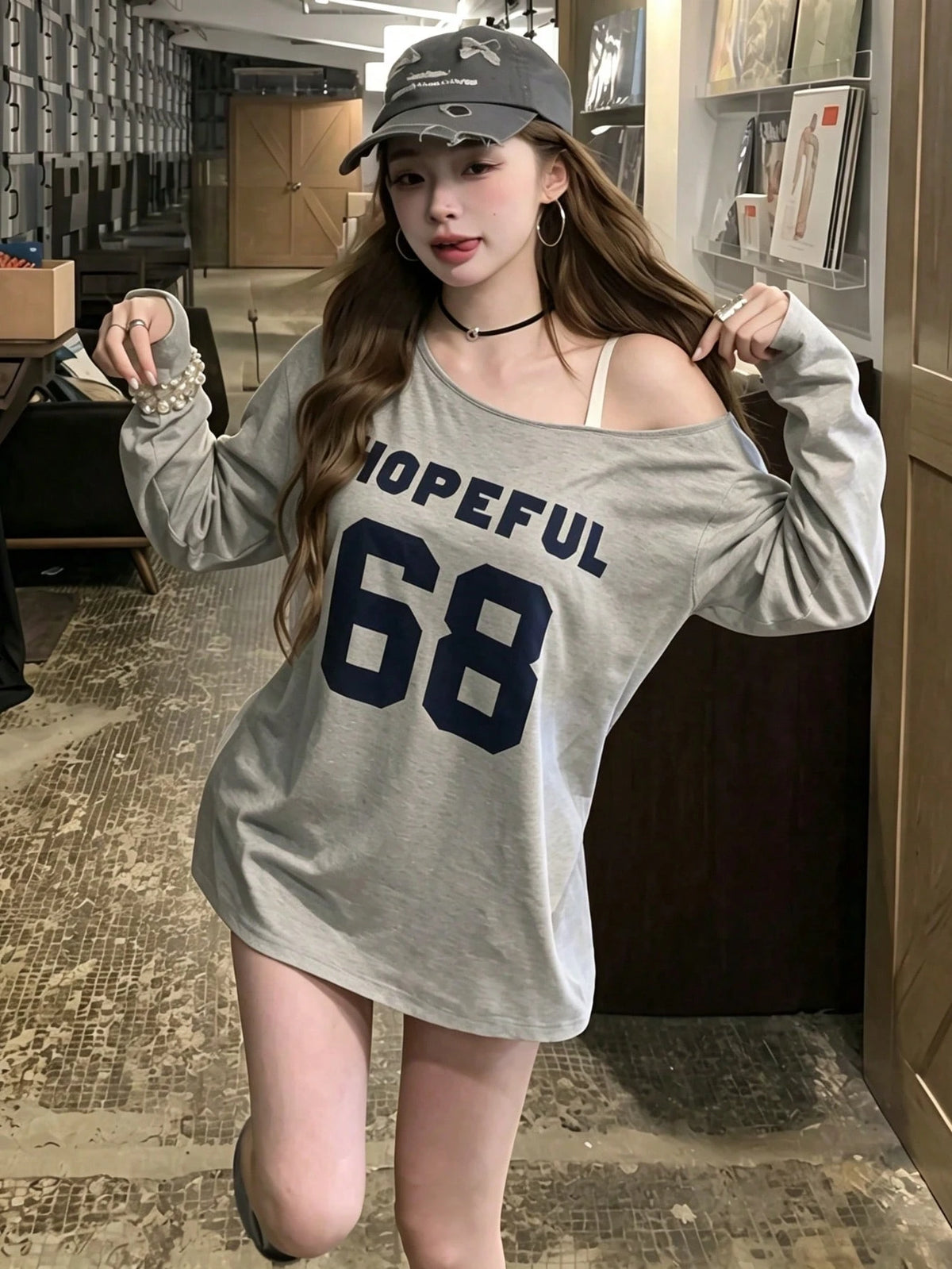 SXV hopeful Y2K Graphics Comfortable Asymmetrical Neck Off The Shoulder Long Sleeve T-Shirt