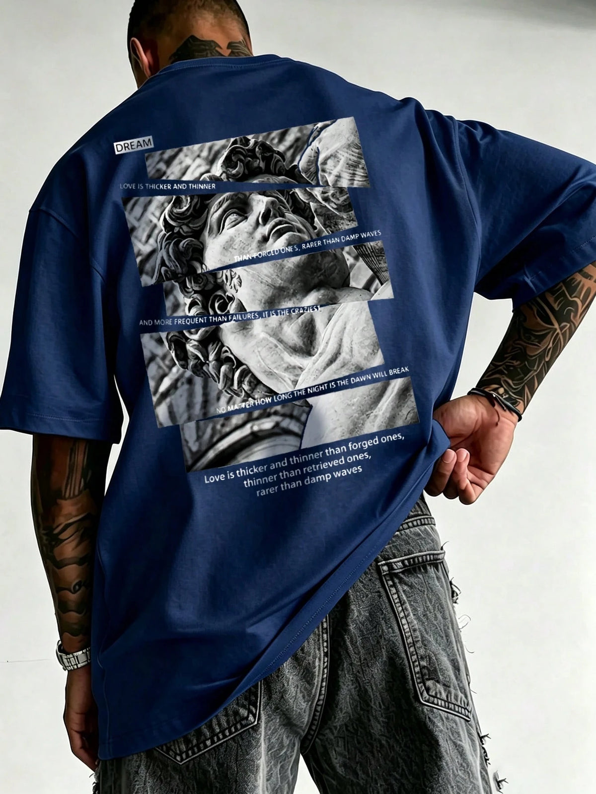 SXV Vintage David Statue Patchwork Back Print Short Sleeve T-Shirt