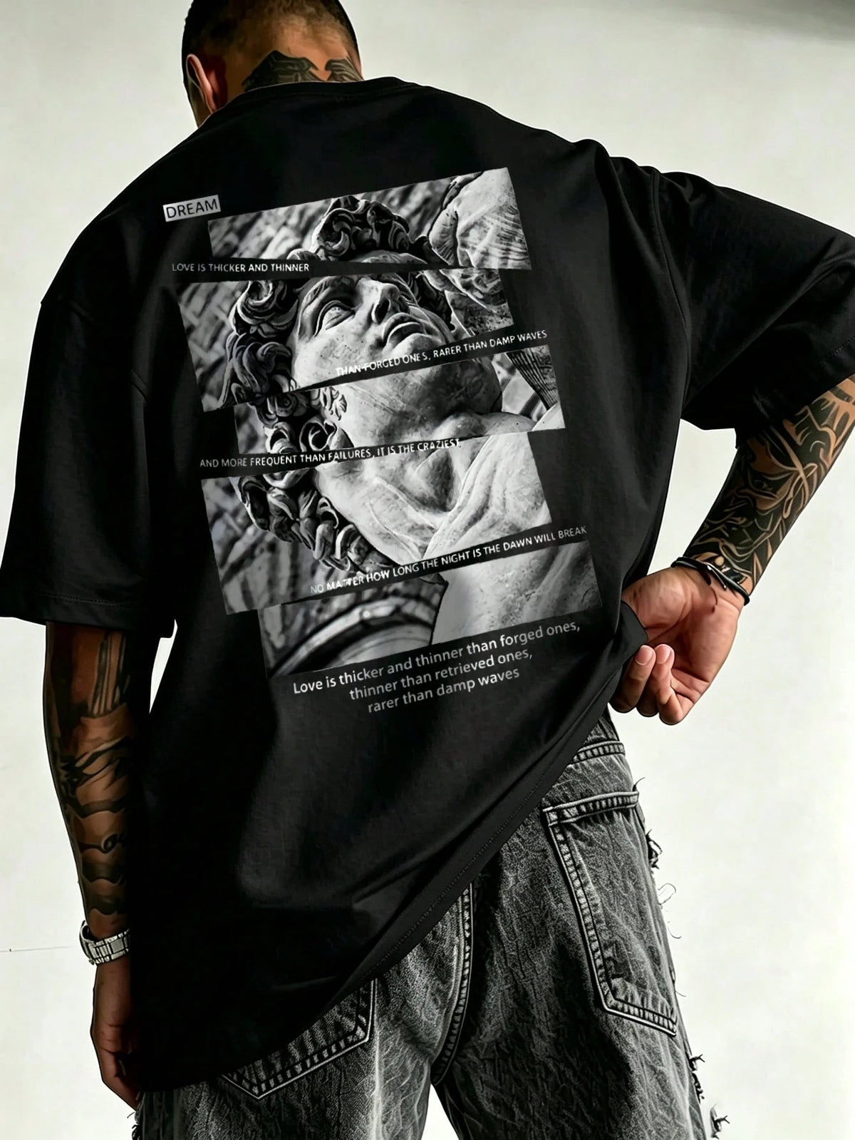 SXV Vintage David Statue Patchwork Back Print Short Sleeve T-Shirt