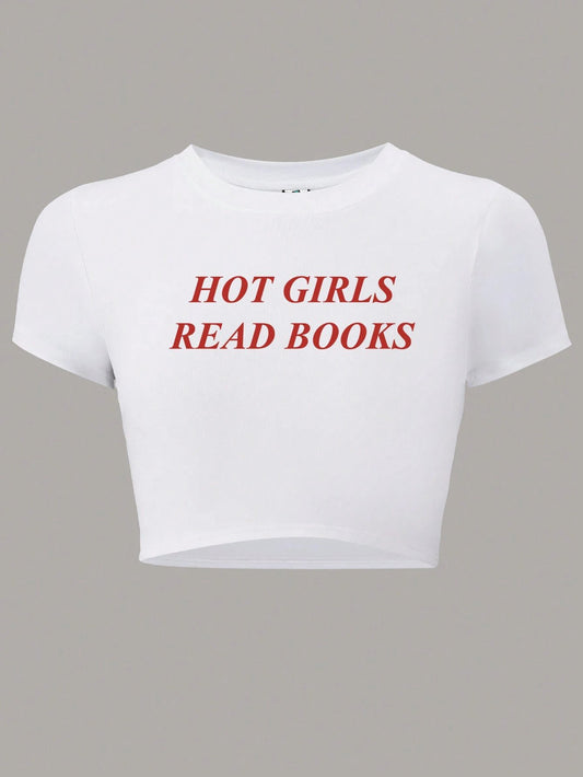 SXV Summer Short Sleeve Letter Print Slim Fit T-Shirt HOT GIRLS READ BOOKS