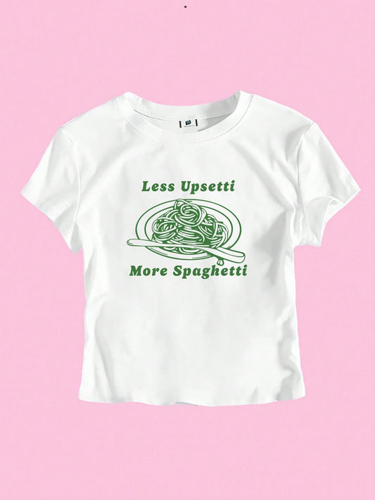 SXV Women's Short Sleeve Crop Top With Less Upsetti More Spaghetti Slogan Print, Summer Graphic Tees Women Tops