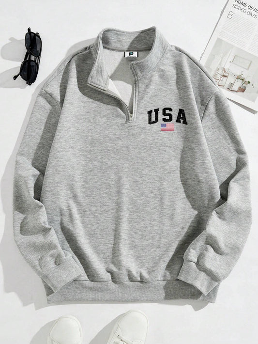 SXV STYLE USA Printed Half Zipper Collared Sweatshirt for Men