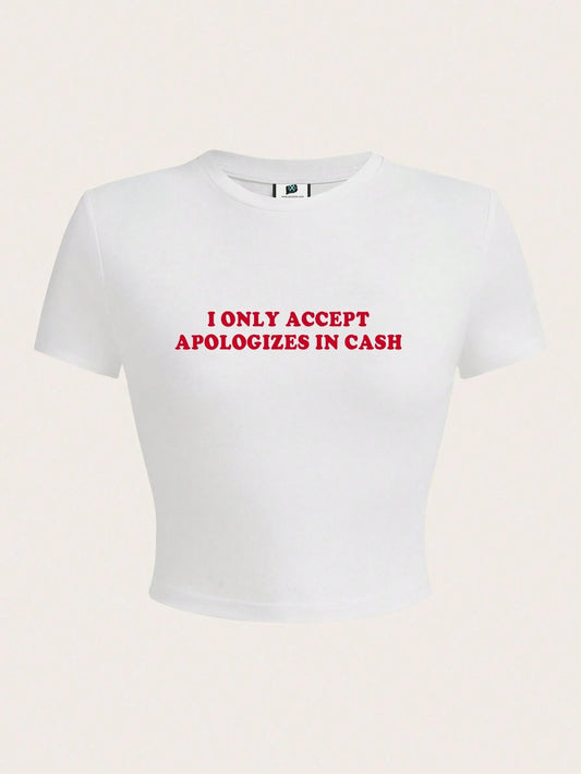 SXV Casual Minimalist Pattern Round Neck Short Sleeve Cropped Fitted Women T-Shirt, Cotton Blended