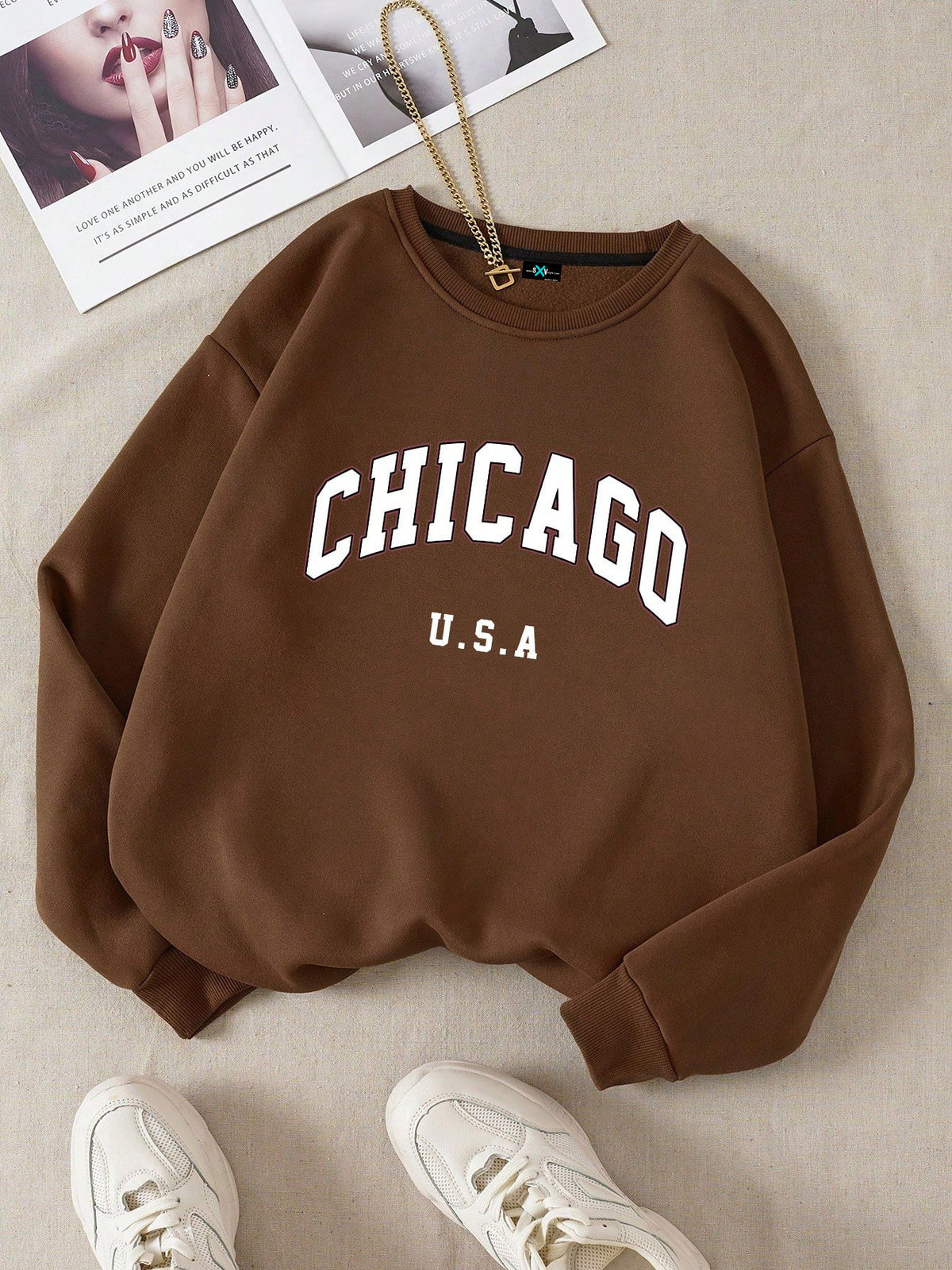 SXV Cicago Letter Graphic Thermal Lined Sweatshirt,Long Sleeve Tops Fall Cloth For Women