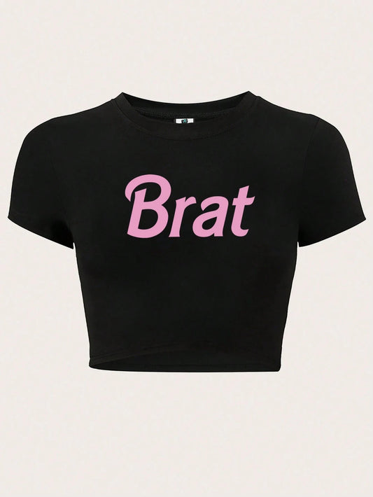 SXV women's Summer Midriff-Baring Pink Slogan Cropped T-Shirt, Black Short Sleeve