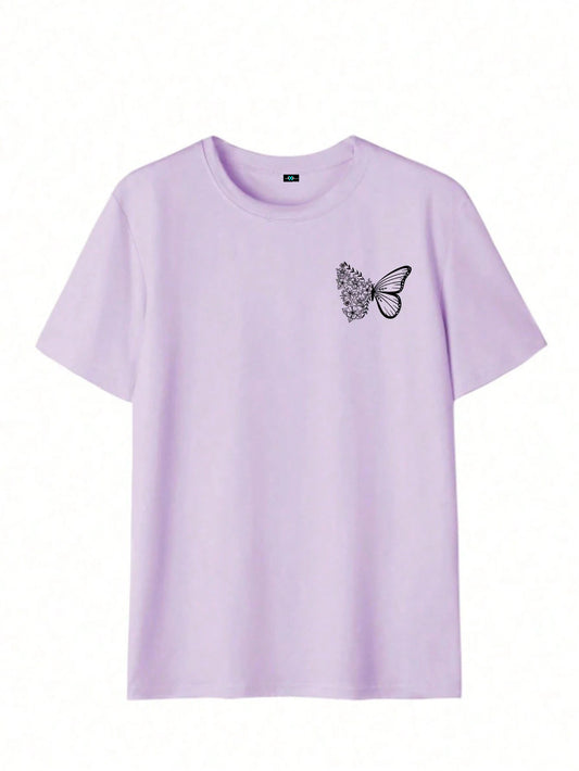 SXV Cute Pattern Butterfly Casual Vacation Style Loose Versatile Round Neck Short Sleeve T-Shirt