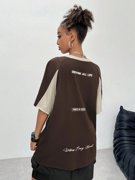 SXV hustle for the dream life cream and brown colourblocked racing baggy tshirt
