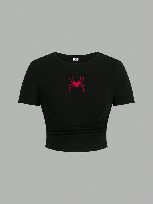 SXV Red Spider Print Casual Simple Design Crew Neck Short Sleeve Fitted Women T-Shirts