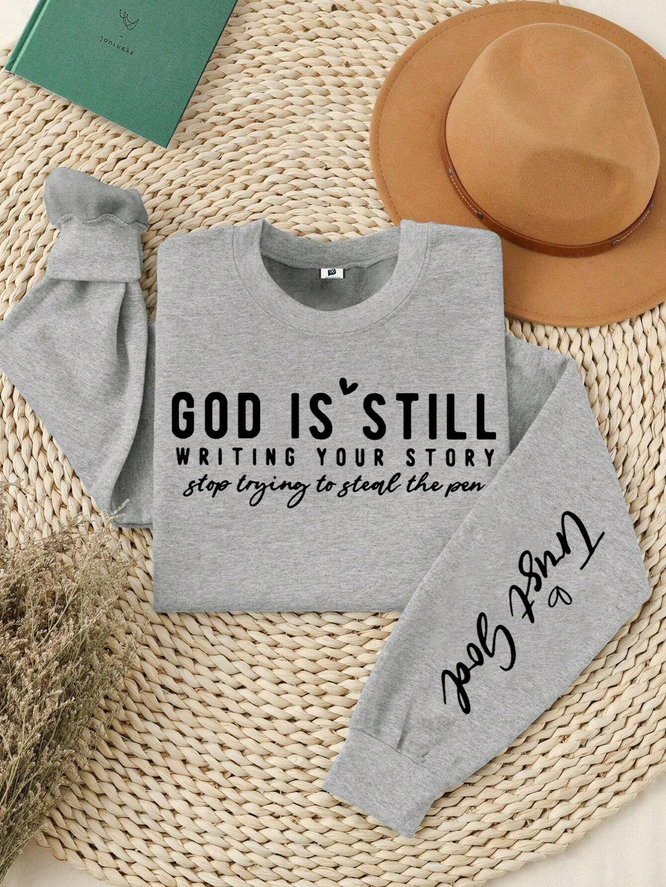 SXV God Print Slogan Crew Neck Long Sleeve Casual Women Sweatshirt,Lon