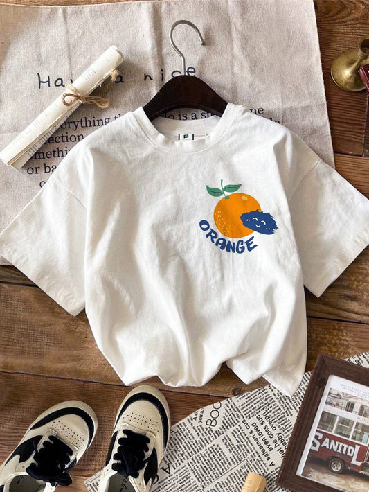 SXV Orange Graffiti English Text White Fitted Round Neck Short Sleeve T-Shirt For Summer, Cotton Blend