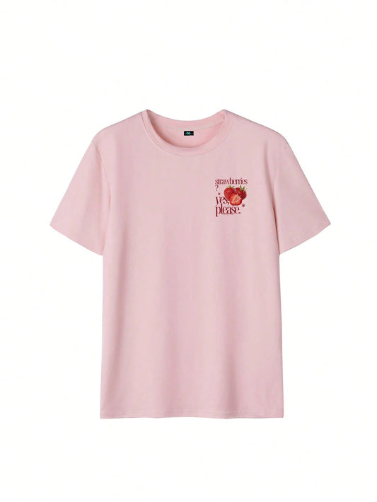 SXV Best-Selling Women's Back Retro Strawberry & Letter Print T-shirt