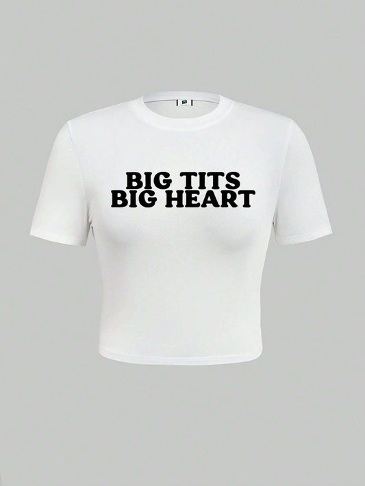 SXV Women's Summer Short Sleeve Crop Top Casual T-Shirt With Slogan Print BIG BIG HEART Graphic Tees Women Tops