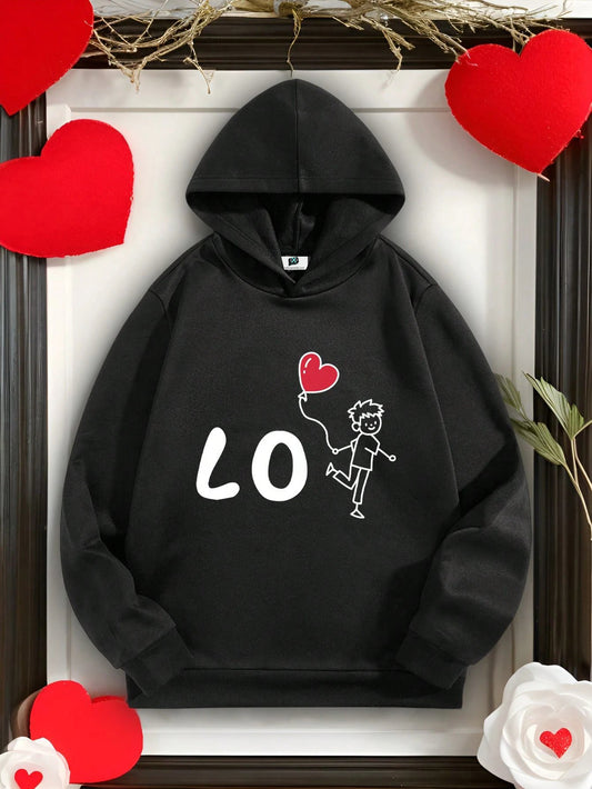 SXV Valentine's Day Cartoon Couple Figure Pattern Printing Hoodie, Slim Fit For Men, Black Color, Suitable For Dates And Gatherings, A Great Gift For Boyfriend