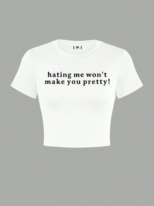 SXV Women Casual Crew Neck Short Sleeve Letter Print Cropped Slim Fit T-Shirt