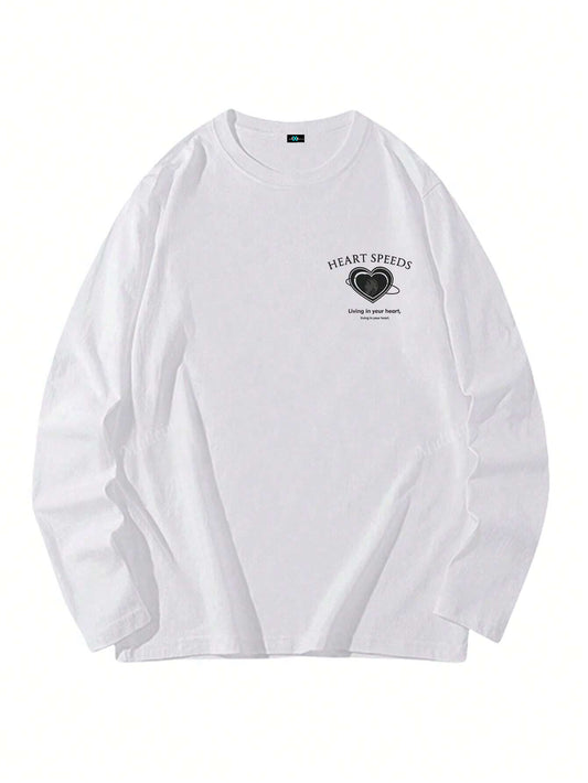 SXV Heart Print Long Sleeve Round Neck T-Shirt, Casual Loose Fit Versatile Top For Women, Autumn