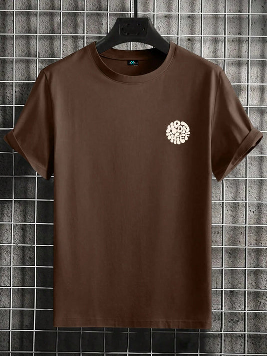 SXV MOON THEIF Letter Print Round Neck Short Sleeve T-Shirt, Coffee Color