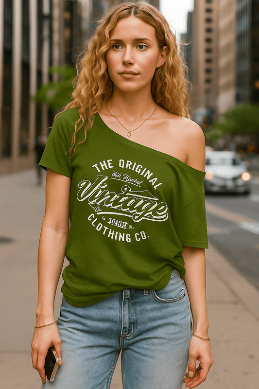 SXV Vintage Print Women's Off-Shoulder Asymmetric Neck Women's T-Shirt Summer