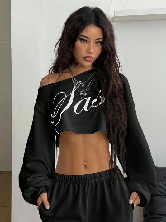 SXV Winter Going Out Streetwear Rave Cowgirl Sportswear Casual Music Festival Graphics Cropped Over Size Asymmetrical Neck Off Shoulder White Long Sleeve T-Shirt