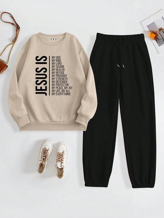 SXV Set Women's Casual Slogan Print Round Neck Drop Shoulder Long Sleeve Sweatshirt And Pants, Autumn