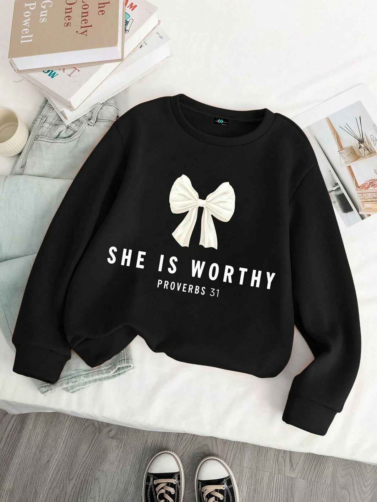 SXV Tween Girl Bow & Letter Print Crew Neck Long Sleeve Sweatshirt