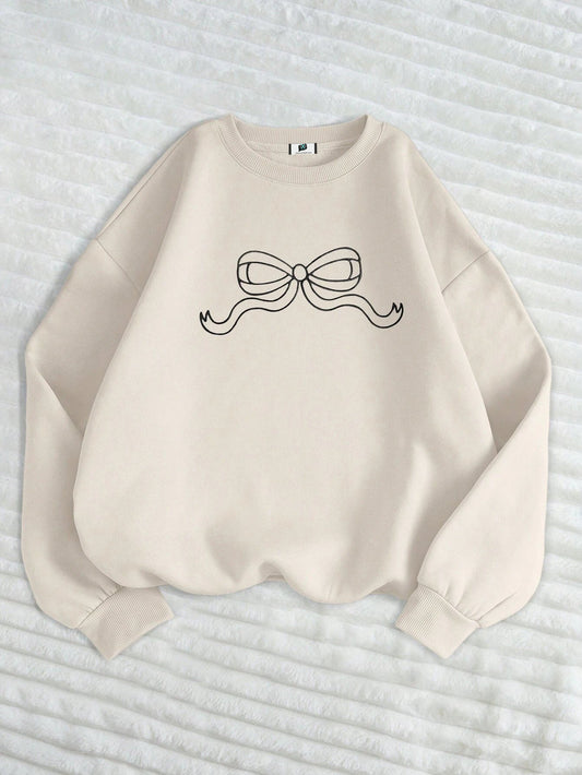 SXV Women's Bow Embroidery Round Neck Long Sleeve Fleece Sweatshirt, Casual For Autumn