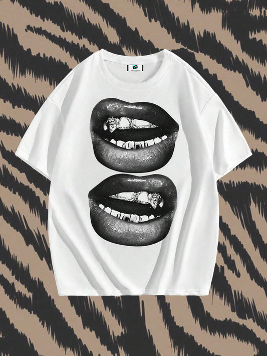SXV Street Style Tee Short Sleeve Top With Black And White Mouth Pattern, Suitable For Summer