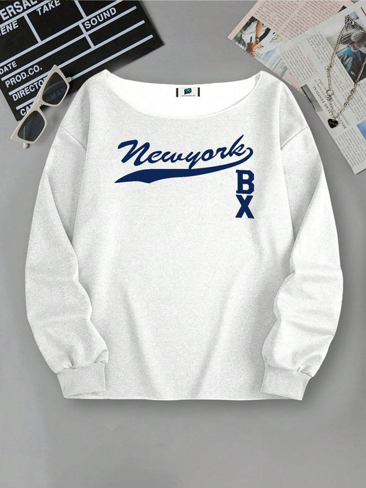 SXV Women's Spring And Autumn Letter Print Asymmetric Collar Loose Casual Sweatshirt