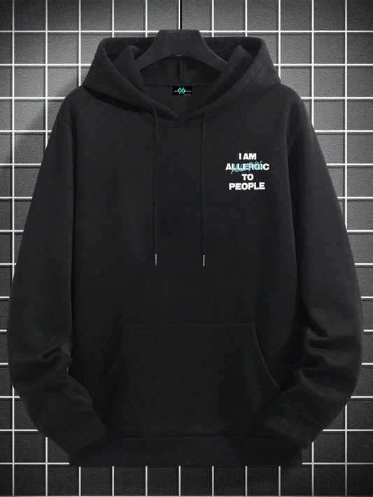 SXV Men's Casual Slogan Printed Loose Fit Pocket Hoodie Sweatshirt, Autumn