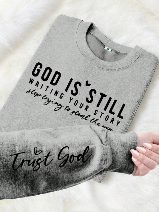 SXV God Print Slogan Crew Neck Long Sleeve Casual Women Sweatshirt,Long Sleeve Tops